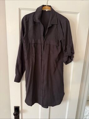 Long Button-Front Shirt Dress in Dark Charcoal